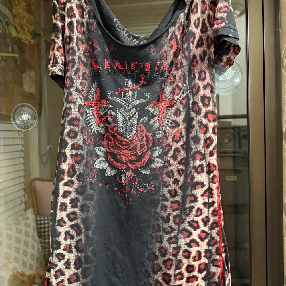 Affliction Black Red Leopard Print Short Sleeve Tee